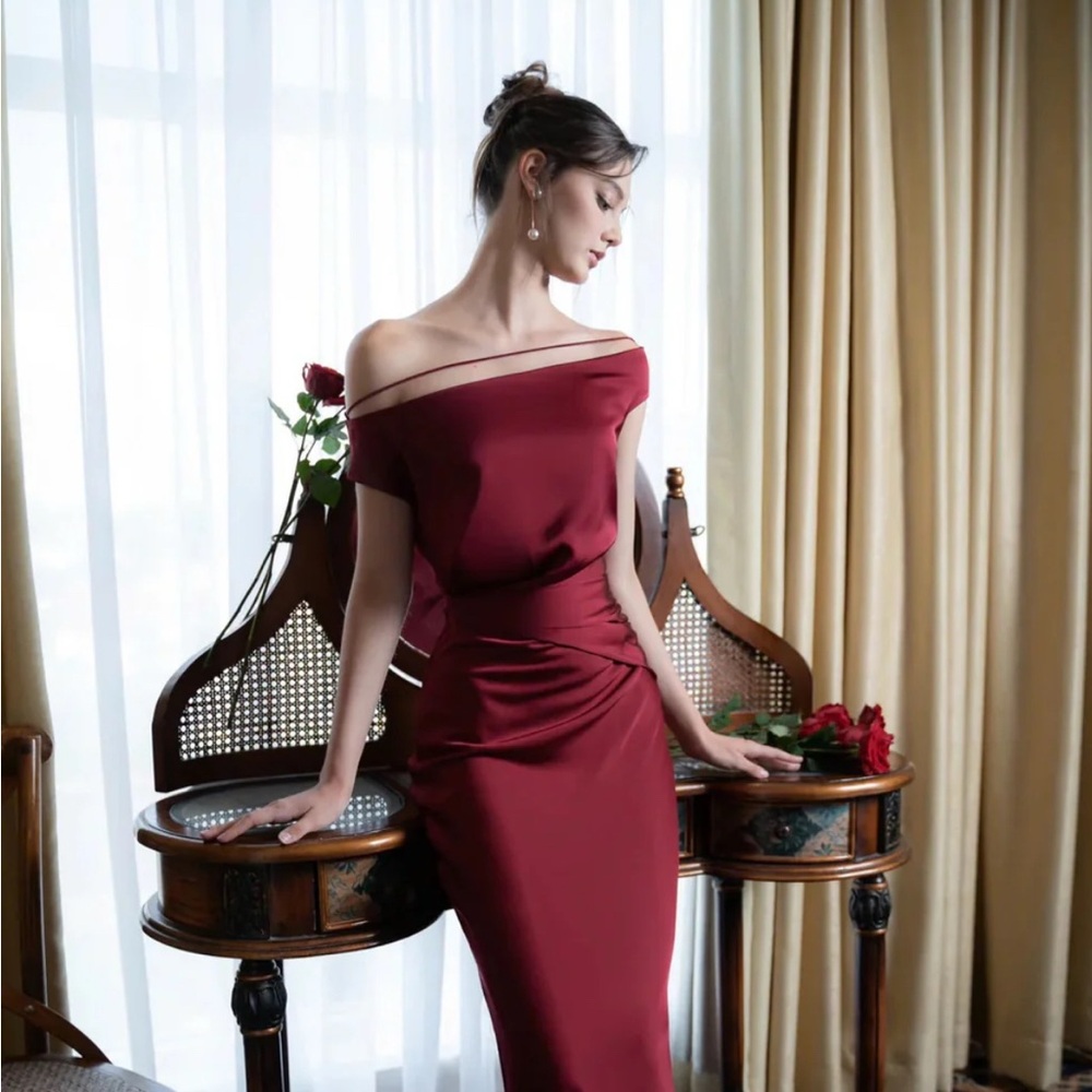 SOLD on another site - Brand New Elegant Off-Shoulder Burgundy Dress